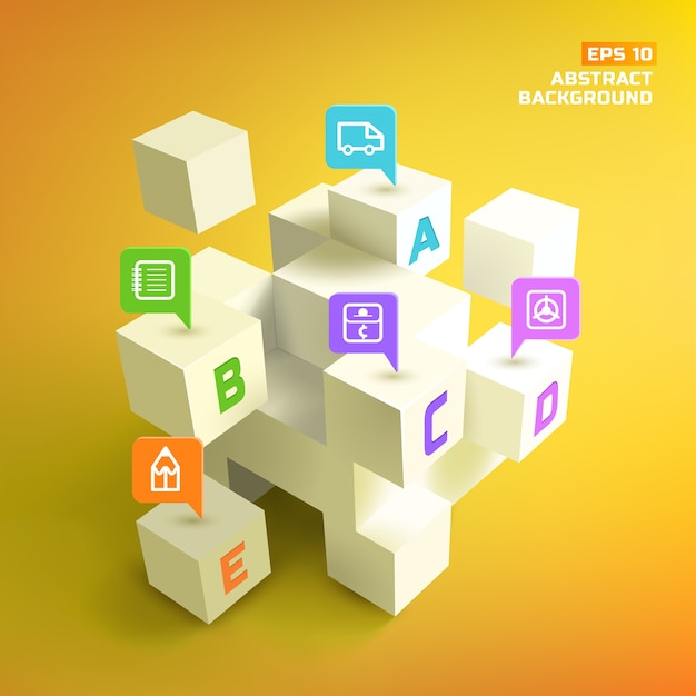 Free Vector letters at 3d white cubes and colorful business pointers in abstract background