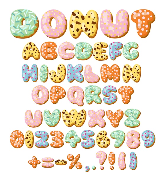 Letters and numbers in donut font vector illustrations set. Designs of alphabet letters and numbers from chocolate donuts or cookies with icing. Food, dessert, typography concept for bakery or cafe