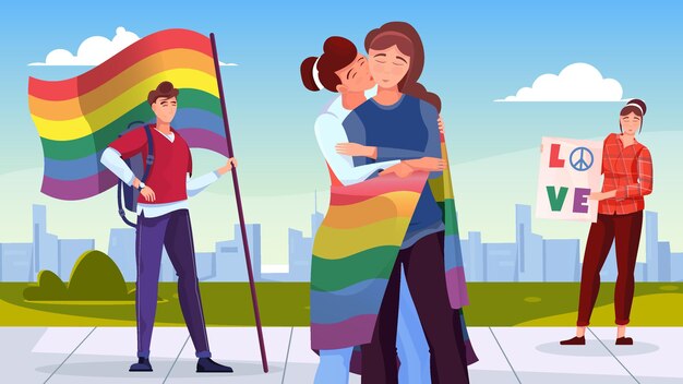 Lgbt community flat background with young people holding flag in colors of rainbow illustration