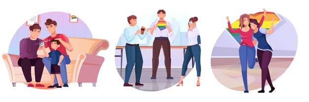 Lgbt illustrations set with group of young people with lgbt symbols