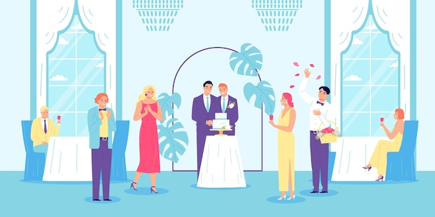 Free Vector lgbt men wedding composition two men in a celebration hall cutting a cake as part of their wedding and being surrounded by loved ones vector illustration