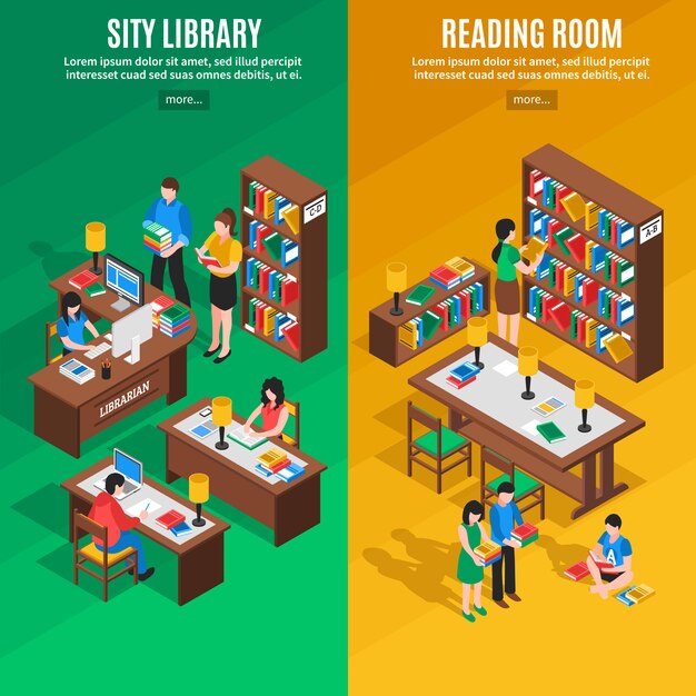 Library Isometric Vertical Banners