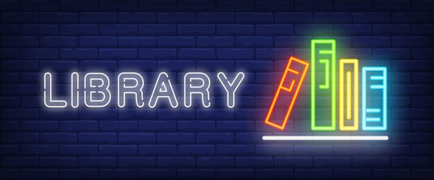 Library neon text and books on shelf