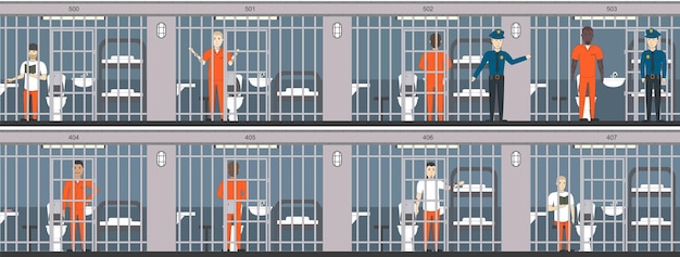 Life in jail set Prisoners behind the bars Police indoors interior people in orange uniform