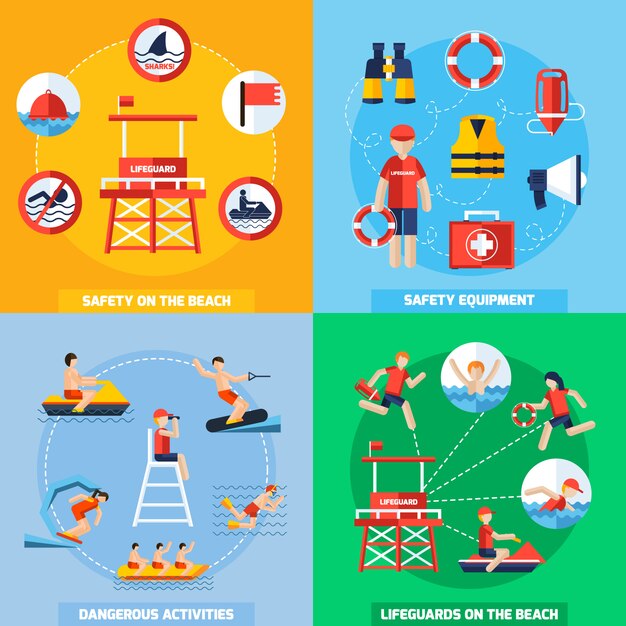 Lifeguard 4 Flat Icons Square Composition 