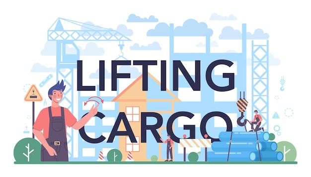 Lifting cargo typographic header Professional workers of constructing industry slinging goods Loading and unloading operations in conjunction with a sling mechanism Vector illustration