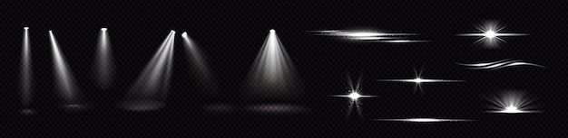 Light beams from spotlights and flashes isolated on transparent background. realistic set of flare effects, bright white rays and glares with sparks. Shines and flares of projector