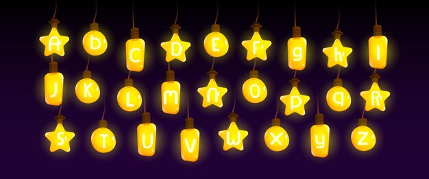 Light bulb font alphabet cartoon characters set