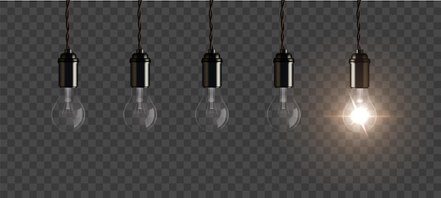 Light bulbs hang from ceiling realistic 3d glass electric lamps with one bright lightbulb glowing symbol of creative innovation energy of inspiration on transparent background