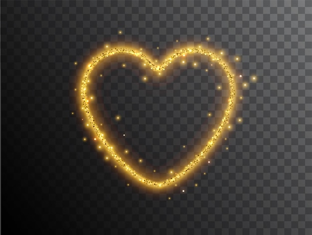 Free Vector light effect heart shaped on a black background. gold glowing neon heart with luminous dust and glares. luminous heart. abstract stylish light effect.