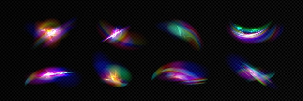 Free vector light flare with iridescent shining overlay effect realistic vector of holographic refraction of sun beams through glass or diamond rainbow spectrum impact of rays passing through prism or jewelry