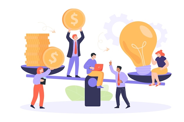 Free vector lightbulb and gold coins on scale flat vector illustration. tiny employee, men and women comparing creative ideas or innovation and finance. profit, economy, assessment, comparison concept