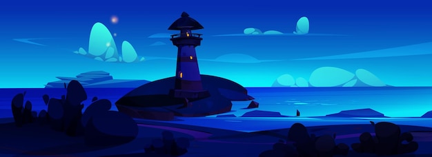 Free Vector lighthouse on beach near sea vector landscape background light house illustration in dark cartoon coast scene beautiful nature environment at midnight fantasy adventure bay shore panorama art