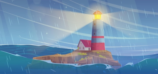 Free vector lighthouse on cliff island in storm sea vector