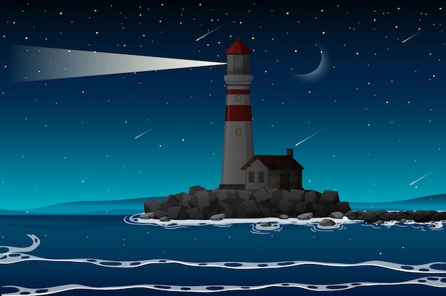 Free Vector lighthouse on the coast at night