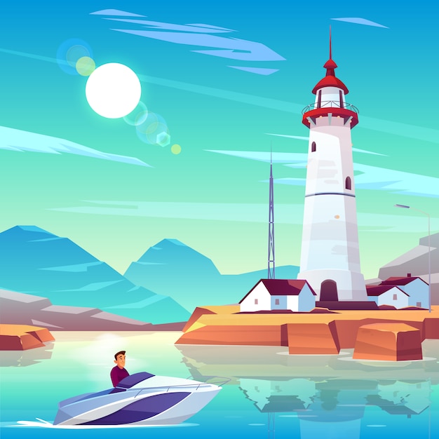 Free Vector lighthouse in harbor and powerboat with man passing by dwellings and tower stand on rocky coast at sunny day