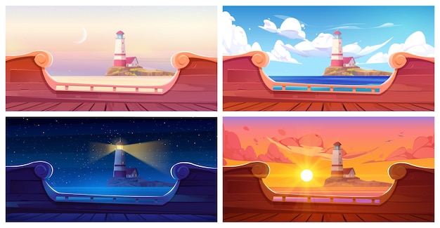 Free vector lighthouse island view from old wooden ship board