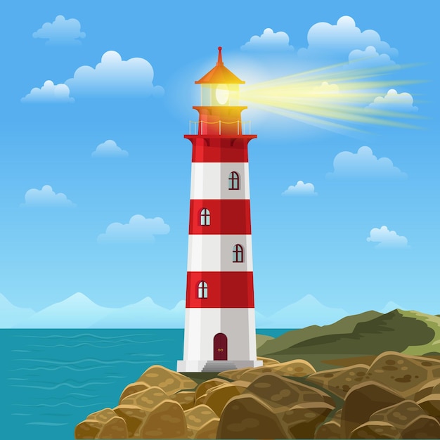 Free Vector lighthouse on ocean or sea beach illustration.