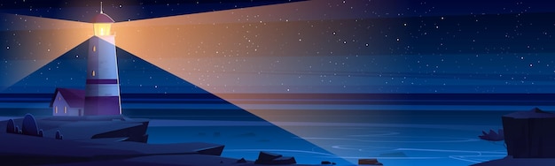 Free vector lighthouse on rock cliff on sea shore at night. vector cartoon illustration of summer landscape of ocean coast with beacon with light beam, house building and stars in sky