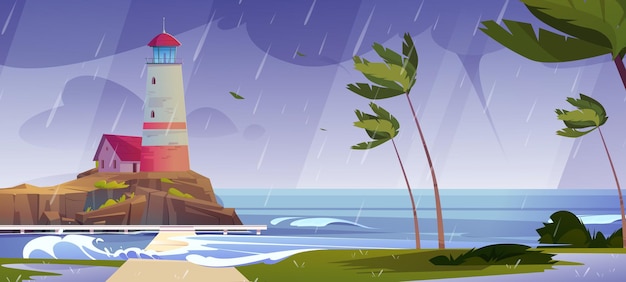 Free Vector lighthouse on sea shore at storm, beacon building