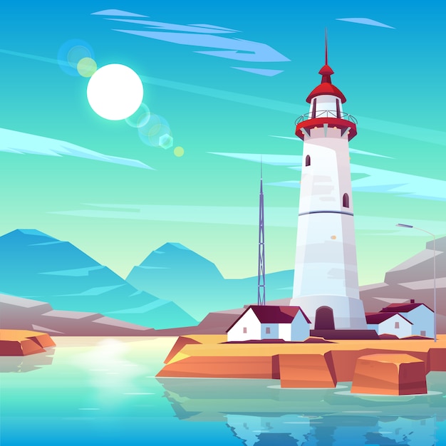 Free vector lighthouse standing on rocky seashore surrounded with houses and tv tower under sun shining in cloudy sky.