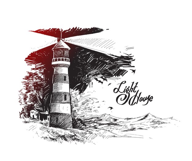 Lighthouse with sea waves Hand Drawn Sketch Vector illustration