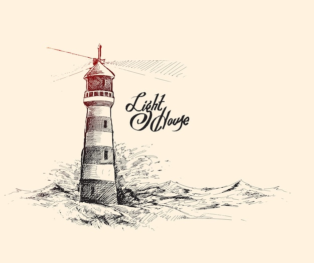 Lighthouse with sea waves Hand Drawn Sketch Vector illustration