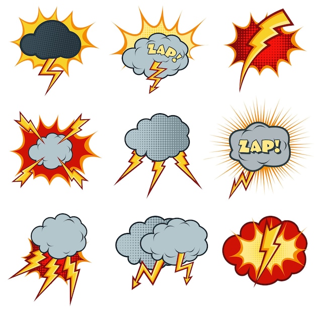 Lightning icons set in cartoon comic style. Flash explosion,  cloud caricature, electricity thunder