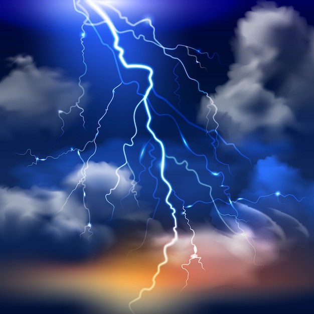 Lightning and stormy sky with heavy clouds realistic background 