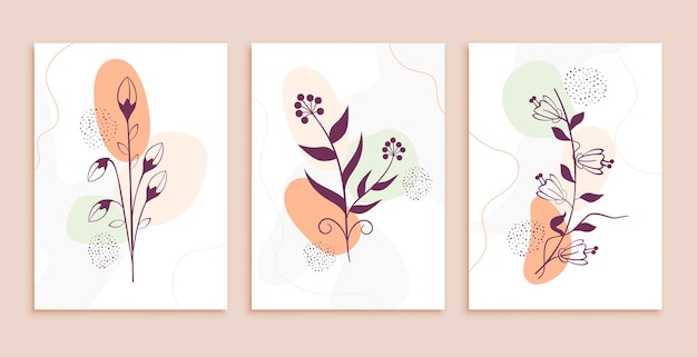 Line art flowers and leaves abstract background set