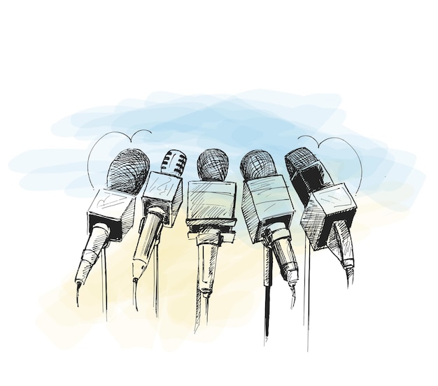 Line art illustration of microphones and recorders for journalism symbol