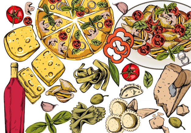 Free Vector line art italian food composition with delicious pizza, pasta with tomatoes, cheese and red wine