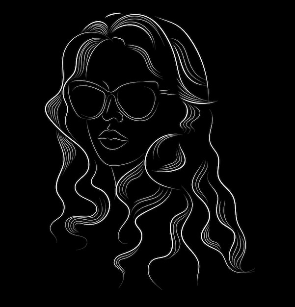 Free Vector line art of a long haired woman with sunglasses and a serious facial expression