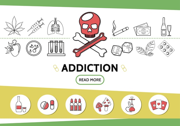 Line bad habits icons set with skull marijuana tobacco leaves syringes cigarette money dice drugs