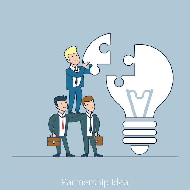 Free Vector linear flat businessman insert puzzle piece into lamp  idea, startup, partnership business concept.