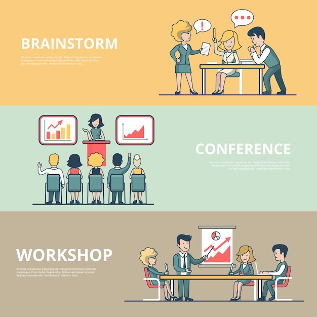 Free Vector linear flat businesspeople workshop, analytic conference, meeting room brainstorming concepts set of website hero images. presentation, business team around table, working process.