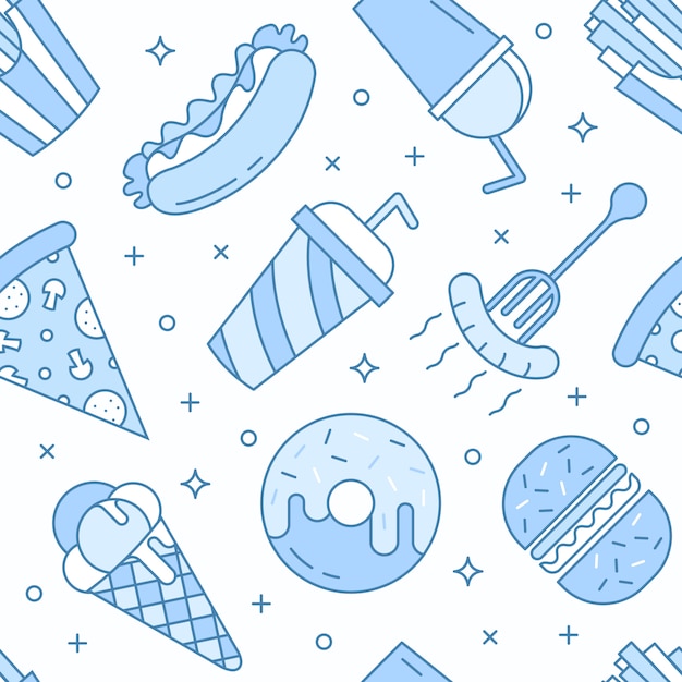 Linear Flat fast food icons seamless pattern. 