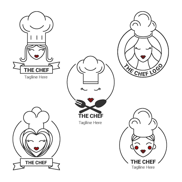 Linear flat female chef logo collection