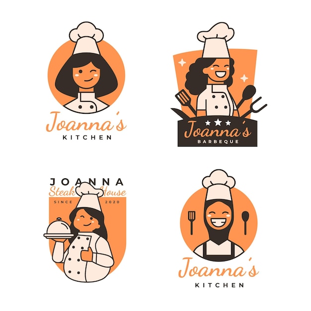 Free vector linear flat female chef logo pack