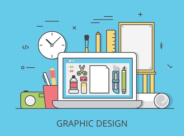 Linear Flat graphic design website hero image  illustration. Digital art tools and technology concept. Laptop, digitizer, ruler, camera, graphics editing software interface.