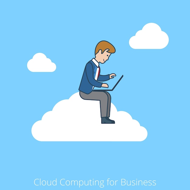 Linear flat line art style cloud computing for business concept. Businessman working laptop sitting cloud.