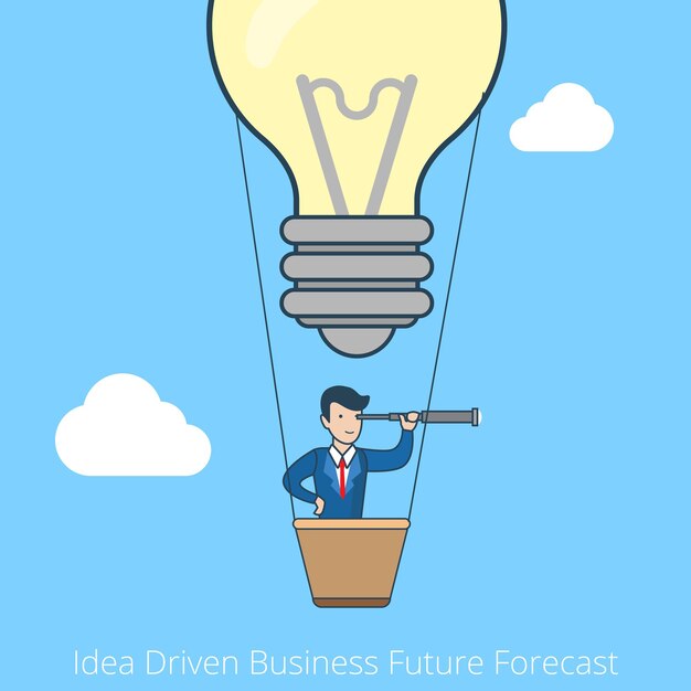 Linear flat line art style idea driven business future forecast concept. Business vision. Businessman flying balloon lamp.