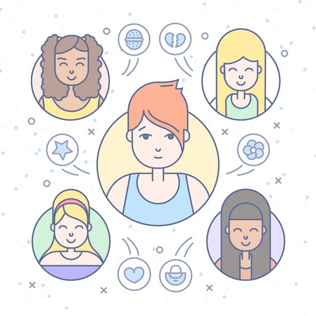 Linear Flat people faces icon set. Social media avatar, userpic and profiles.