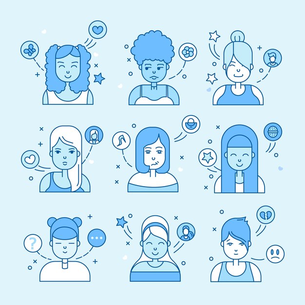 Linear Flat people faces illustration. Social media avatar, userpic and profiles.