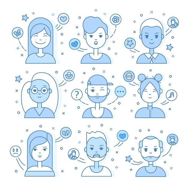 Linear Flat people faces illustration. Social media avatar, userpic and profiles.