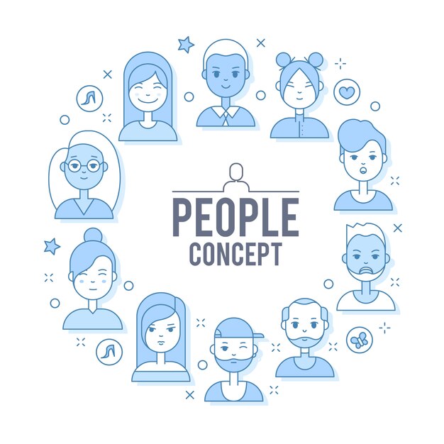 Linear Flat people faces illustration. Social media avatar, userpic and profiles.