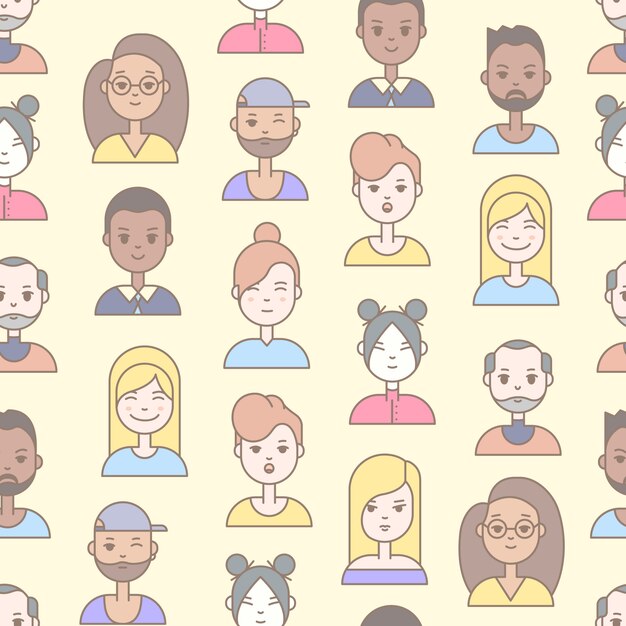 Linear Flat people faces seamless pattern. Social media avatar, userpic and profiles.