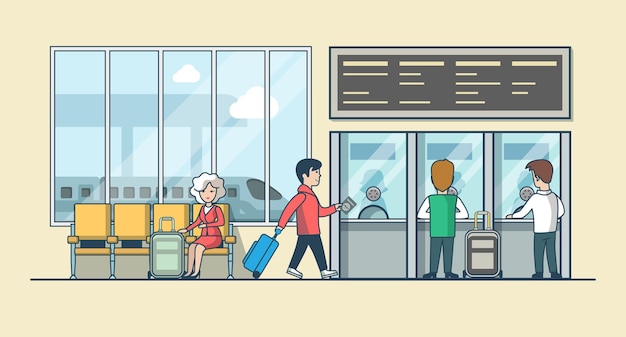 Free Vector linear flat people on railway station waiting hall and cashier ticket desk office  illustration. public transportation concept.