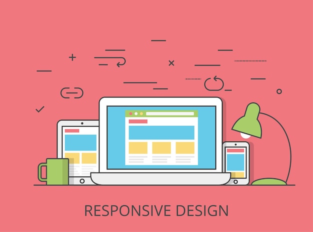 Linear Flat responsive web design layout website hero image  illustration. App programming technology and software concept. Tablet, laptop, smartphone with wireframe.