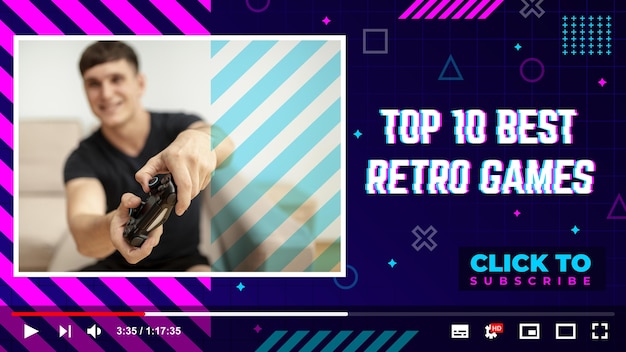 Free Vector linear flat retro gamer youtube thumbnail template